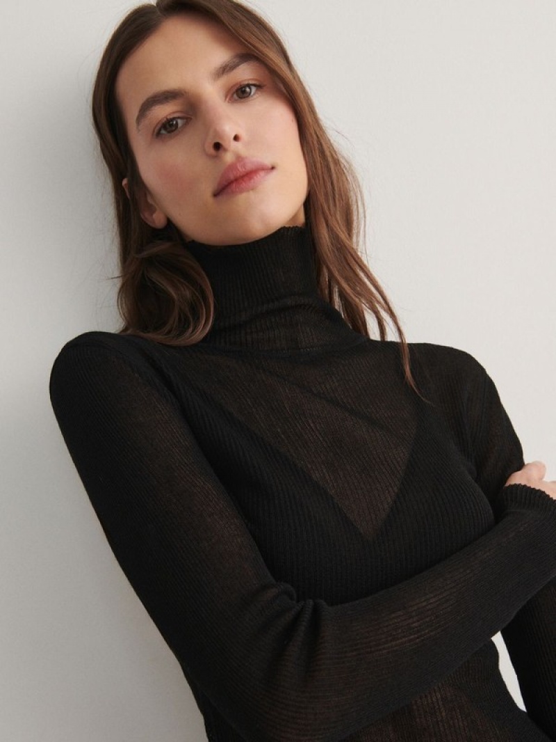 Black Reserved Fine Rib Knit Turtleneck Women's Sweaters | NVQA-29680