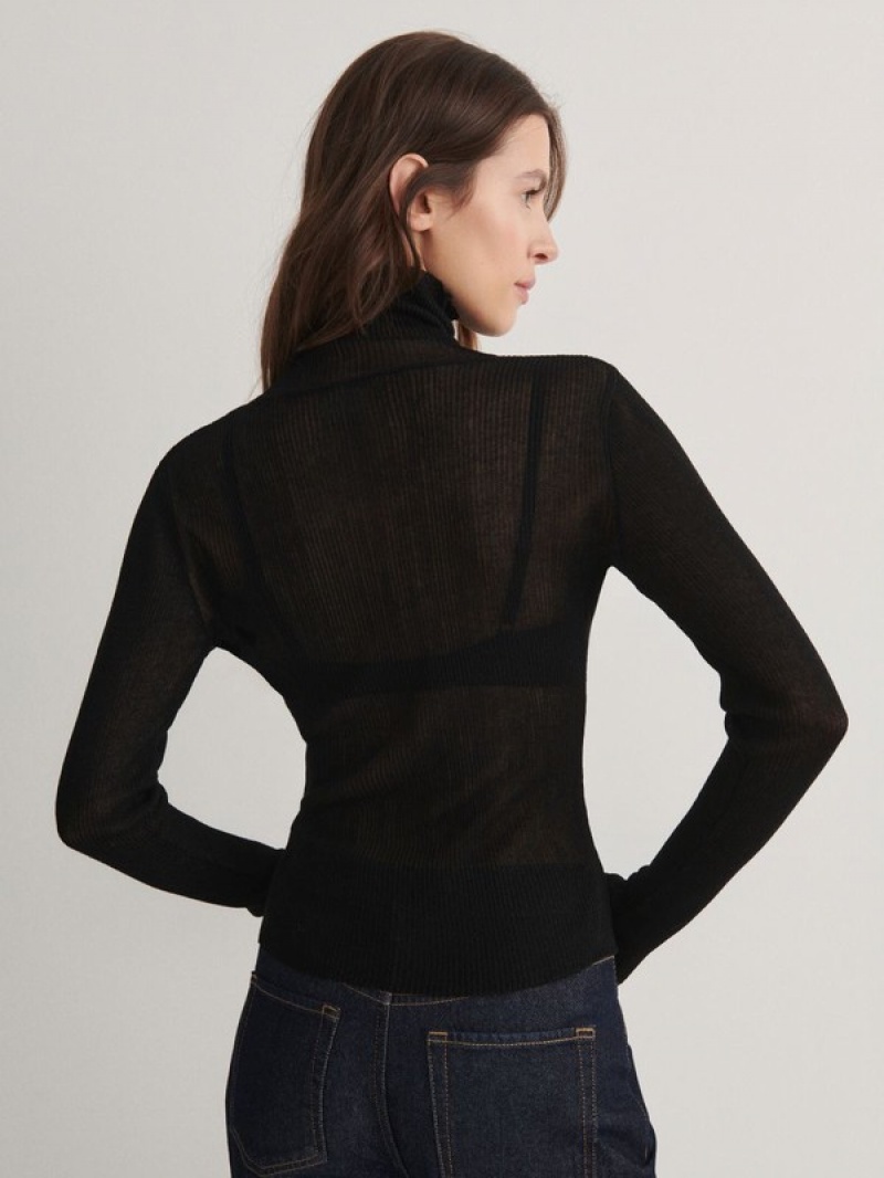 Black Reserved Fine Rib Knit Turtleneck Women's Sweaters | NVQA-29680