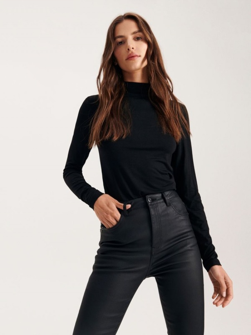 Black Reserved High Waist Wax Women's Trousers | RTNH-69785