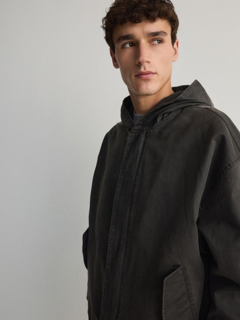 Black Reserved Hooded Bomber Men's Jackets | ATXJ-37609