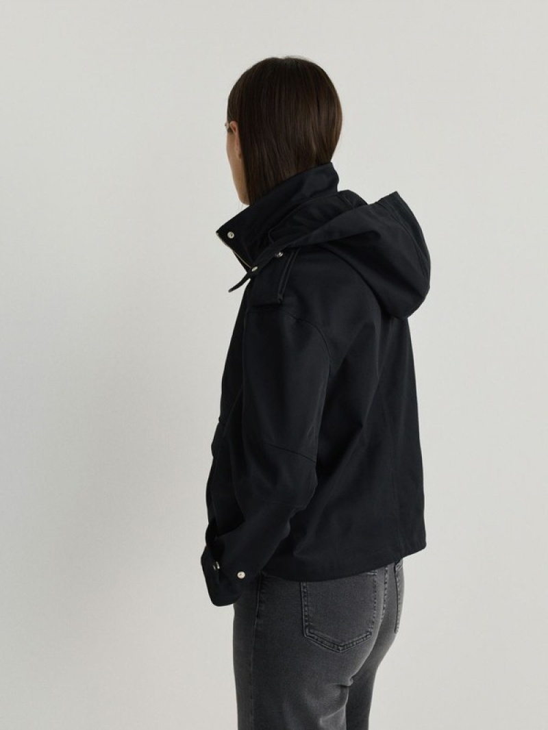 Black Reserved Hooded Women's Jackets | XSMO-98472