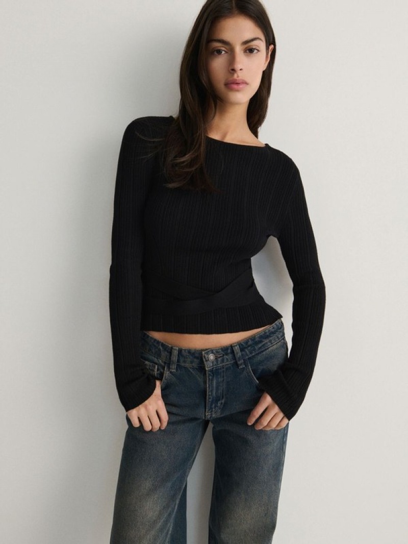 Black Reserved Hooped Women's Sweaters | SQBH-76548