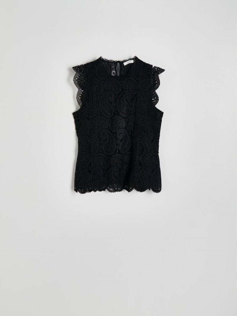 Black Reserved Lace Women's Shirts | TJMD-86790