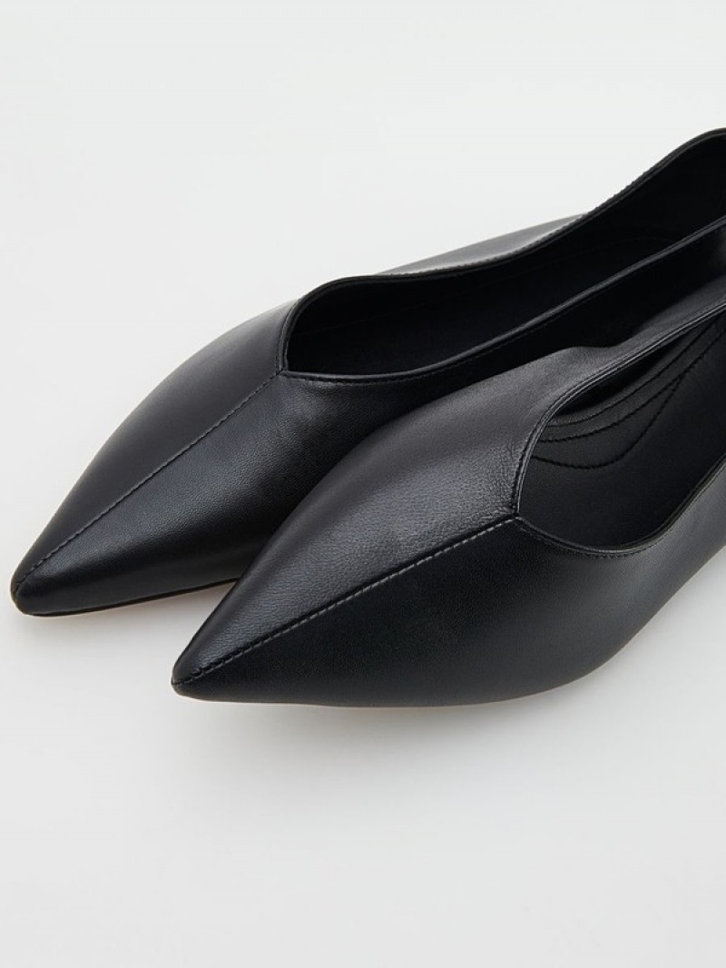 Black Reserved Leather Ballerinas Women's Loafers | PQMH-26594