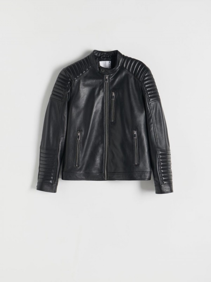 Black Reserved Leather Biker Men's Jackets | YUVZ-05167