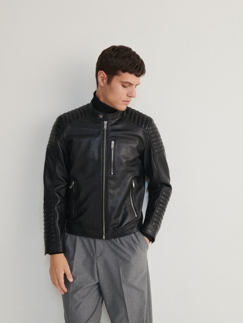 Black Reserved Leather Biker Men's Jackets | FVDP-89672