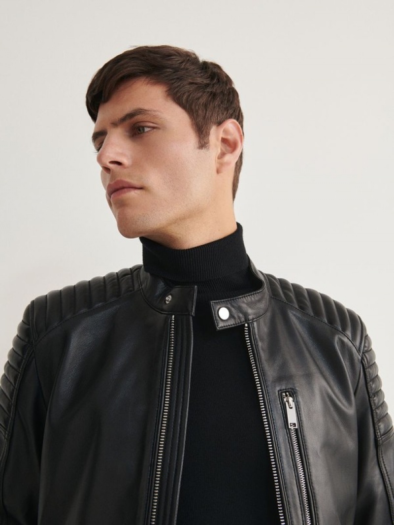 Black Reserved Leather Biker Men's Jackets | FVDP-89672