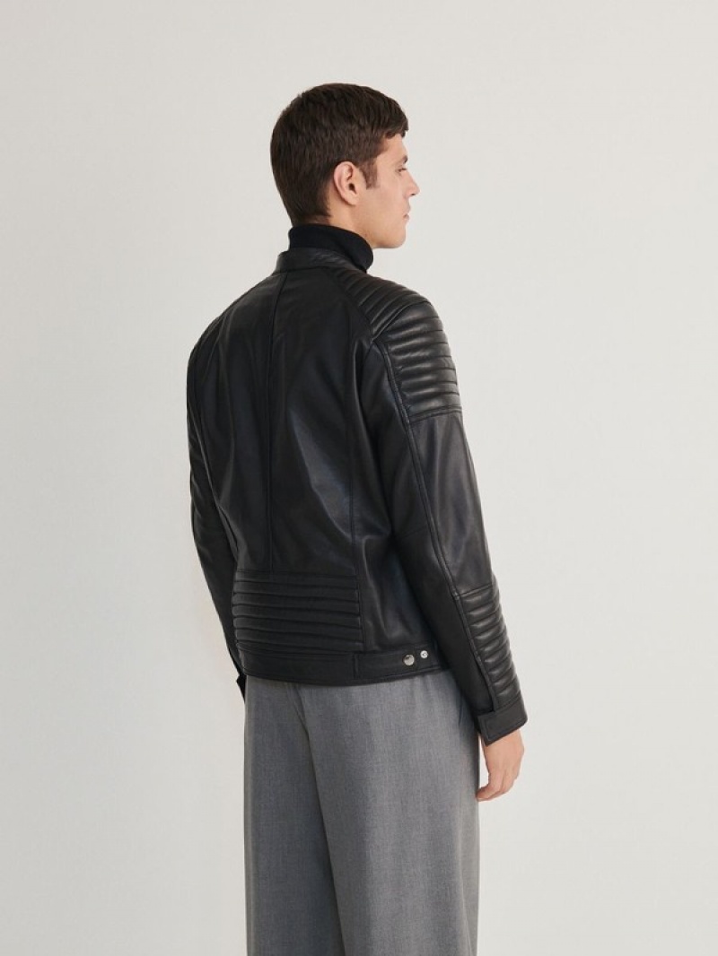 Black Reserved Leather Biker Men's Jackets | FVDP-89672