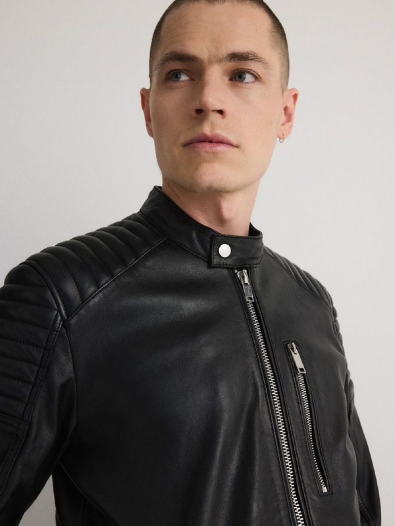 Black Reserved Leather Biker Men's Jackets | ZLGW-36710