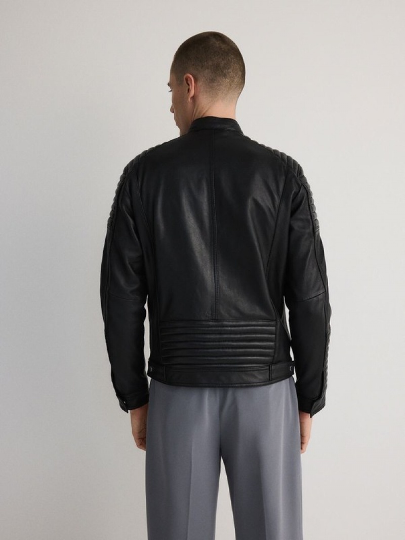 Black Reserved Leather Biker Men's Jackets | ZLGW-36710