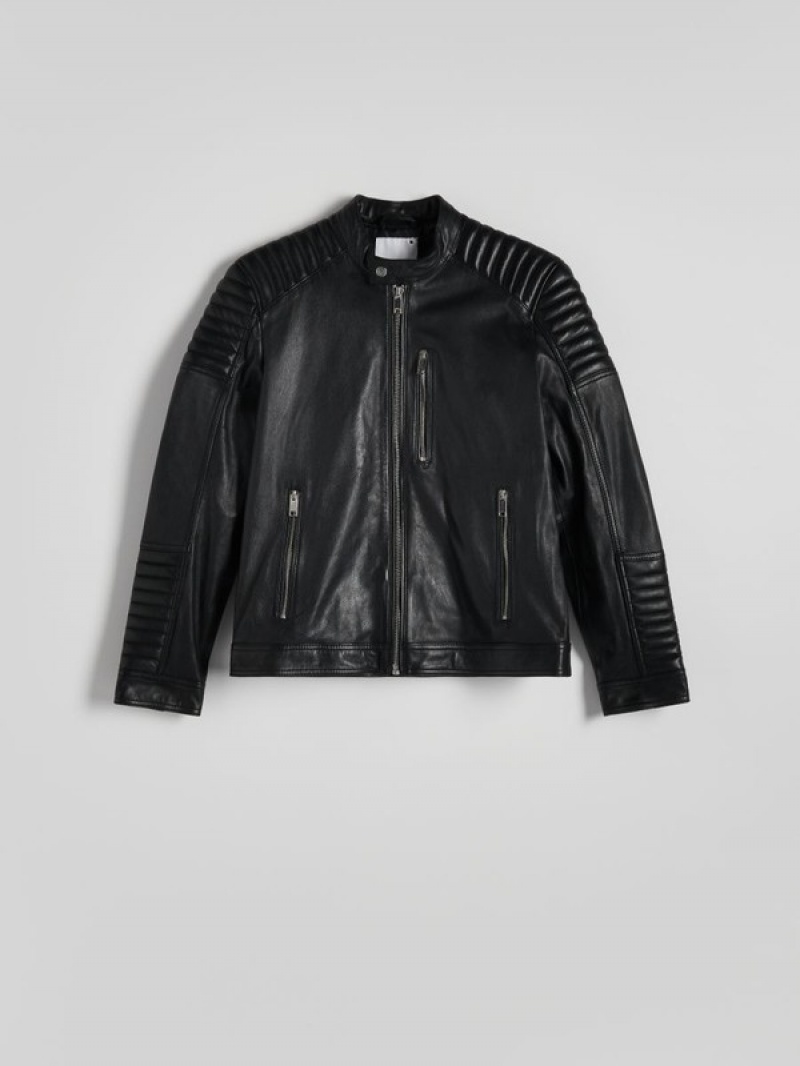 Black Reserved Leather Biker Men's Jackets | ZLGW-36710