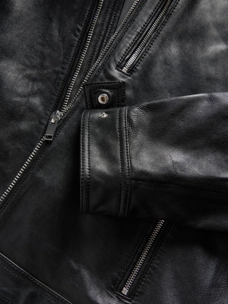 Black Reserved Leather Biker Men's Jackets | ZLGW-36710