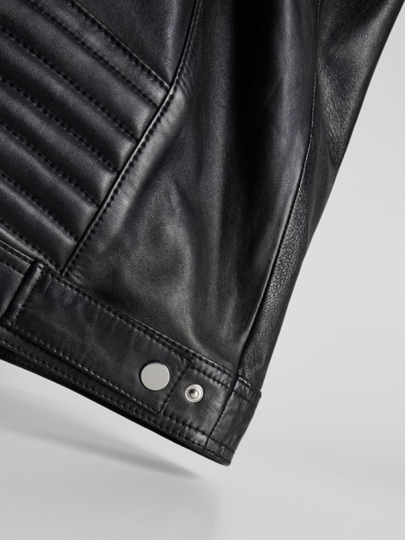 Black Reserved Leather Biker Men's Jackets | ZLGW-36710