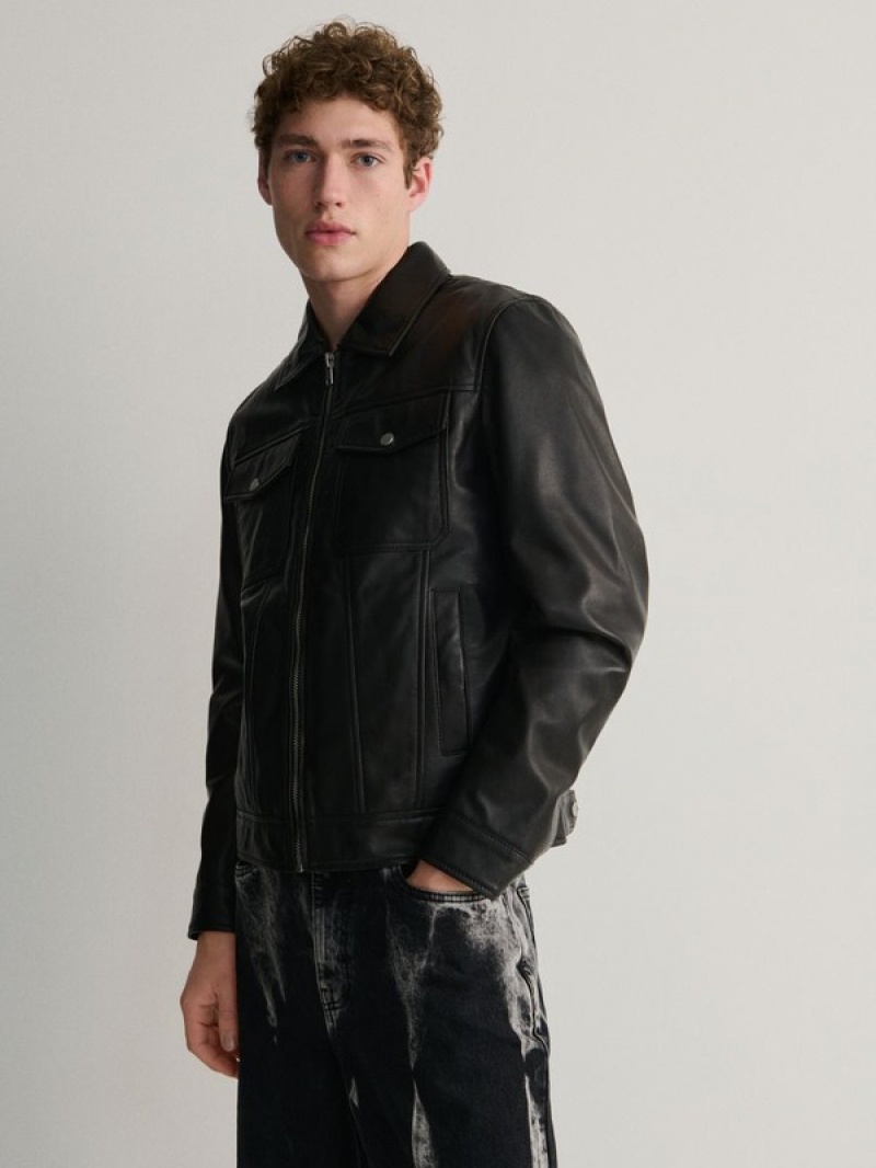 Black Reserved Leather Biker Men's Jackets | NVDC-59076