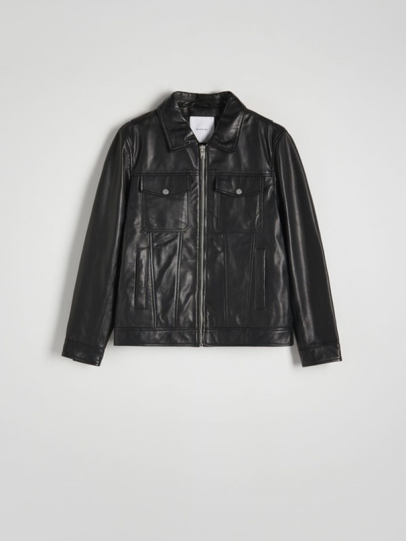 Black Reserved Leather Biker Men's Jackets | NVDC-59076