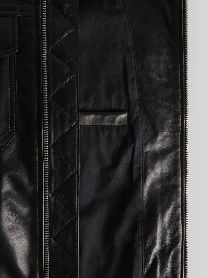 Black Reserved Leather Biker Men's Jackets | NVDC-59076