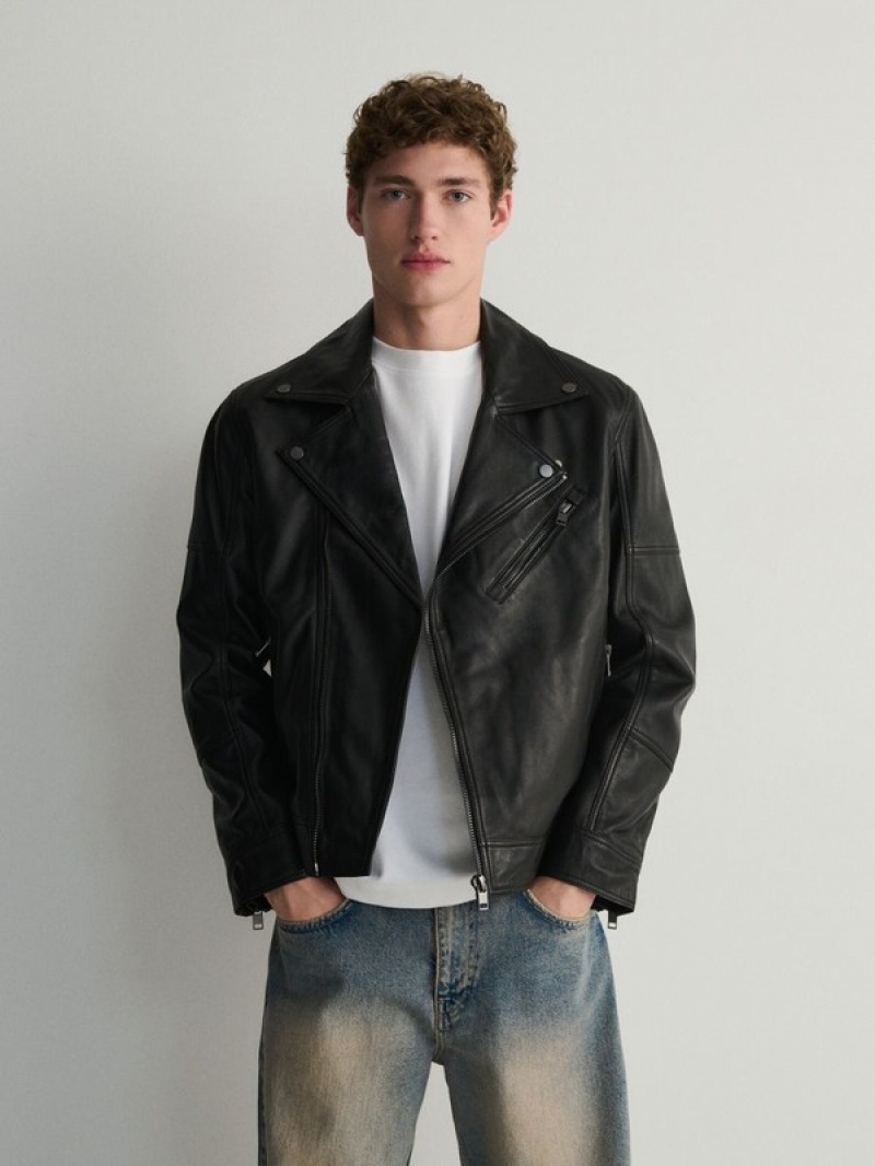 Black Reserved Leather Men's Jackets | XHZP-21589