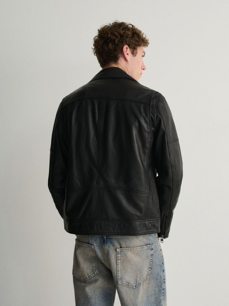 Black Reserved Leather Men's Jackets | XHZP-21589