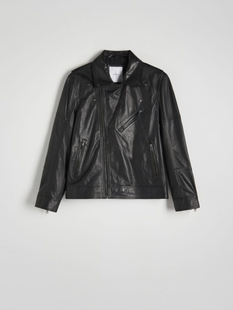 Black Reserved Leather Men's Jackets | XHZP-21589