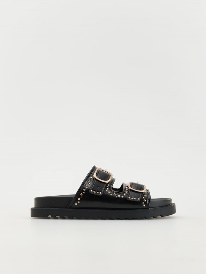 Black Reserved Leather Slidersbuckles Women's Sandals | CEZR-13792