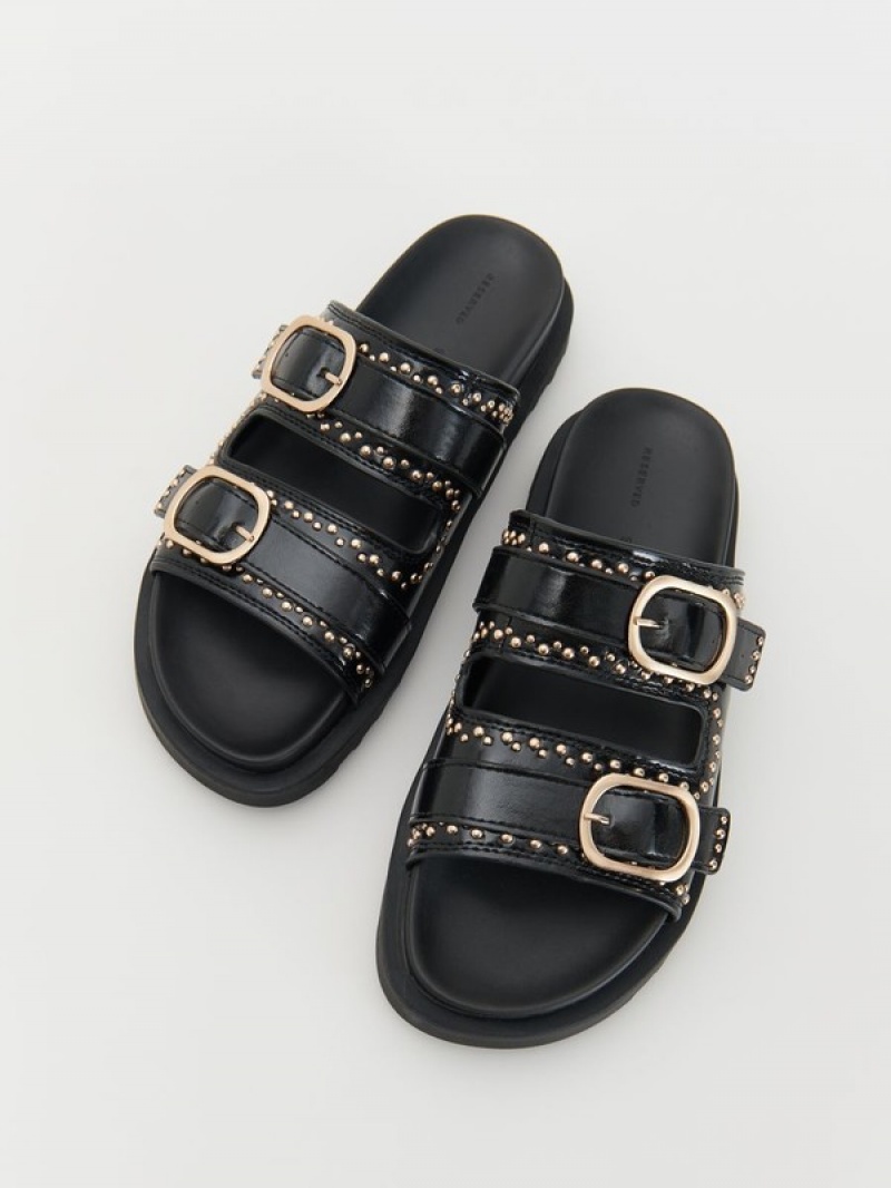 Black Reserved Leather Slidersbuckles Women's Sandals | CEZR-13792