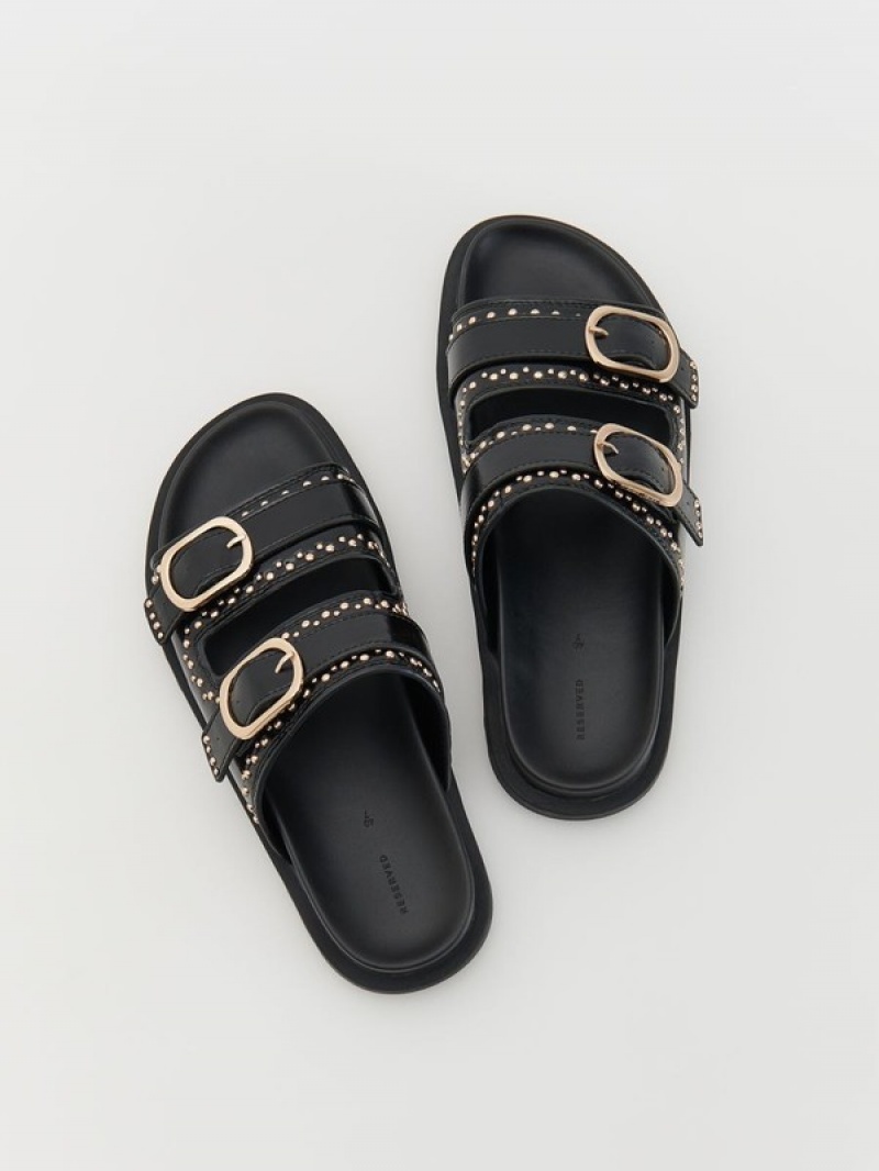 Black Reserved Leather Slidersbuckles Women's Sandals | CEZR-13792