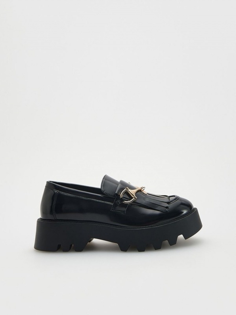 Black Reserved Leather Women's Loafers | MSBT-80294