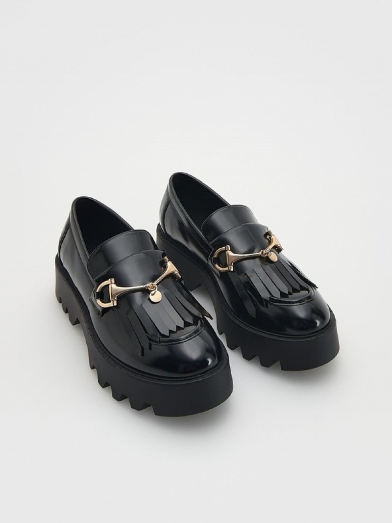 Black Reserved Leather Women's Loafers | MSBT-80294