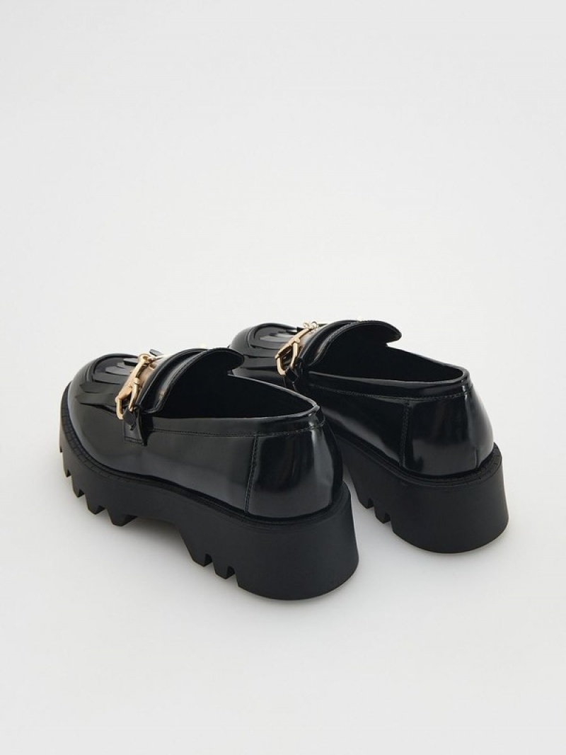 Black Reserved Leather Women's Loafers | MSBT-80294