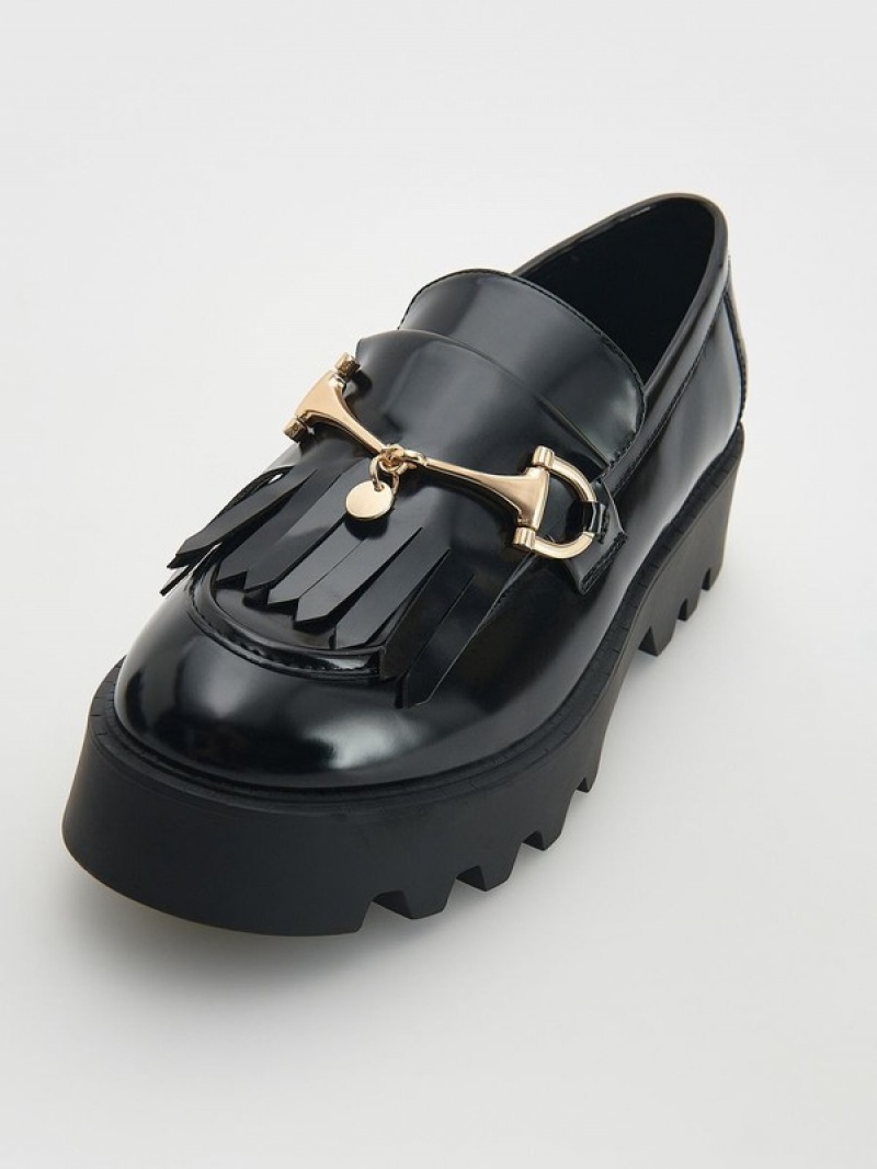 Black Reserved Leather Women's Loafers | MSBT-80294