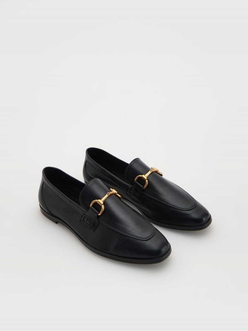 Black Reserved Leather Women's Loafers | QDIT-60729