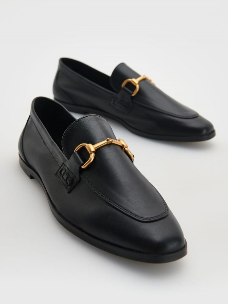 Black Reserved Leather Women's Loafers | QDIT-60729