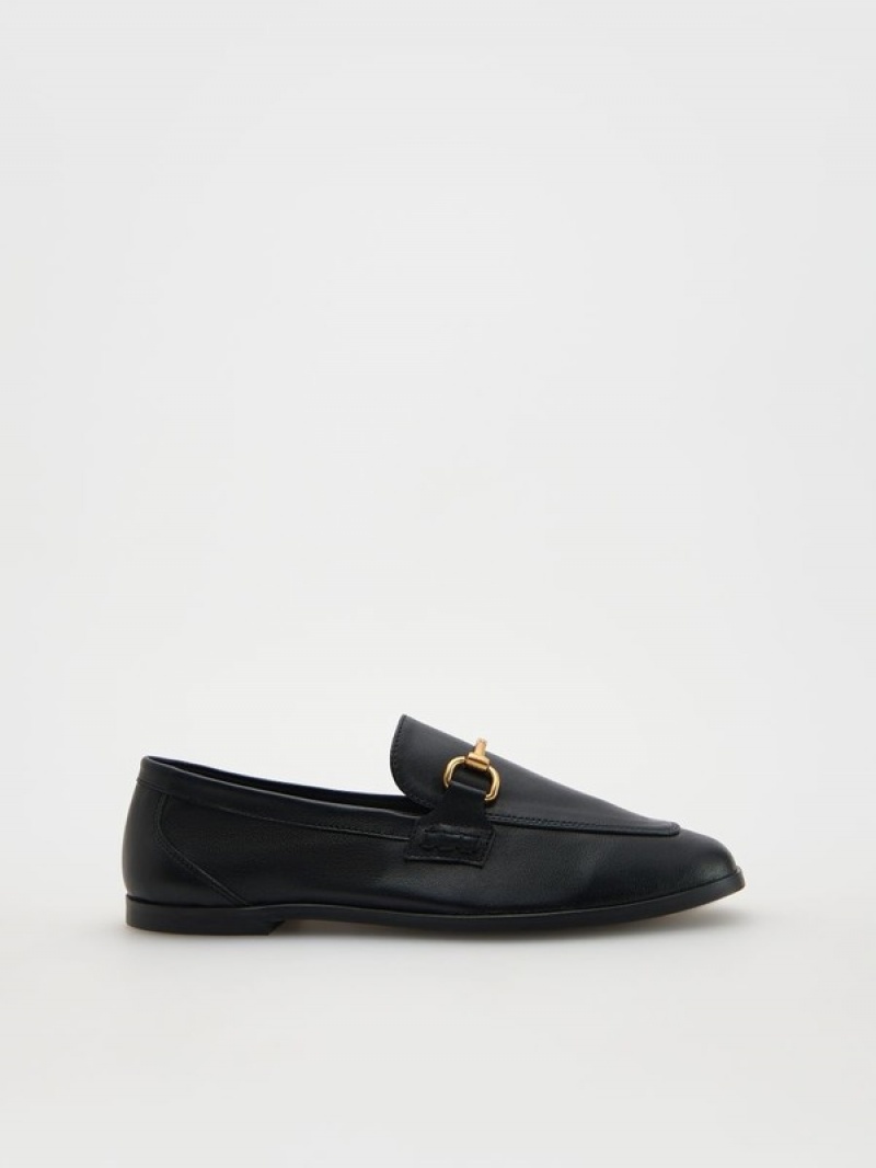 Black Reserved Leather Women\'s Loafers | QDIT-60729