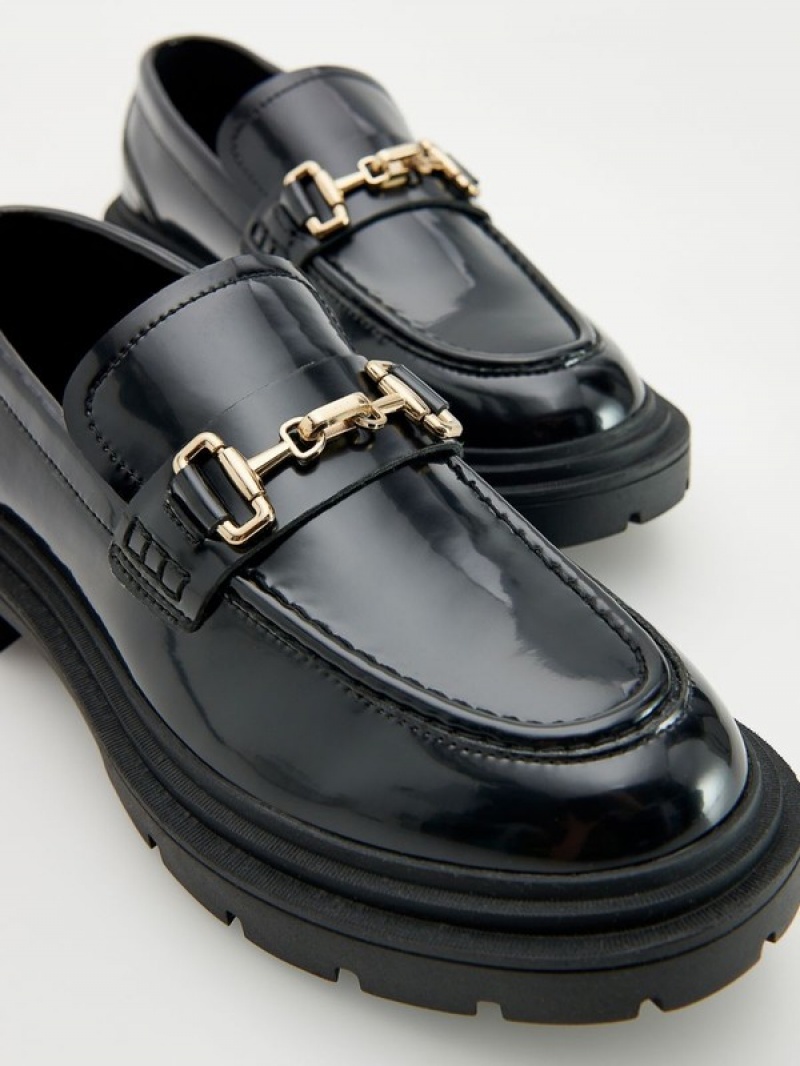 Black Reserved Leather Women's Loafers | ZCPY-82674