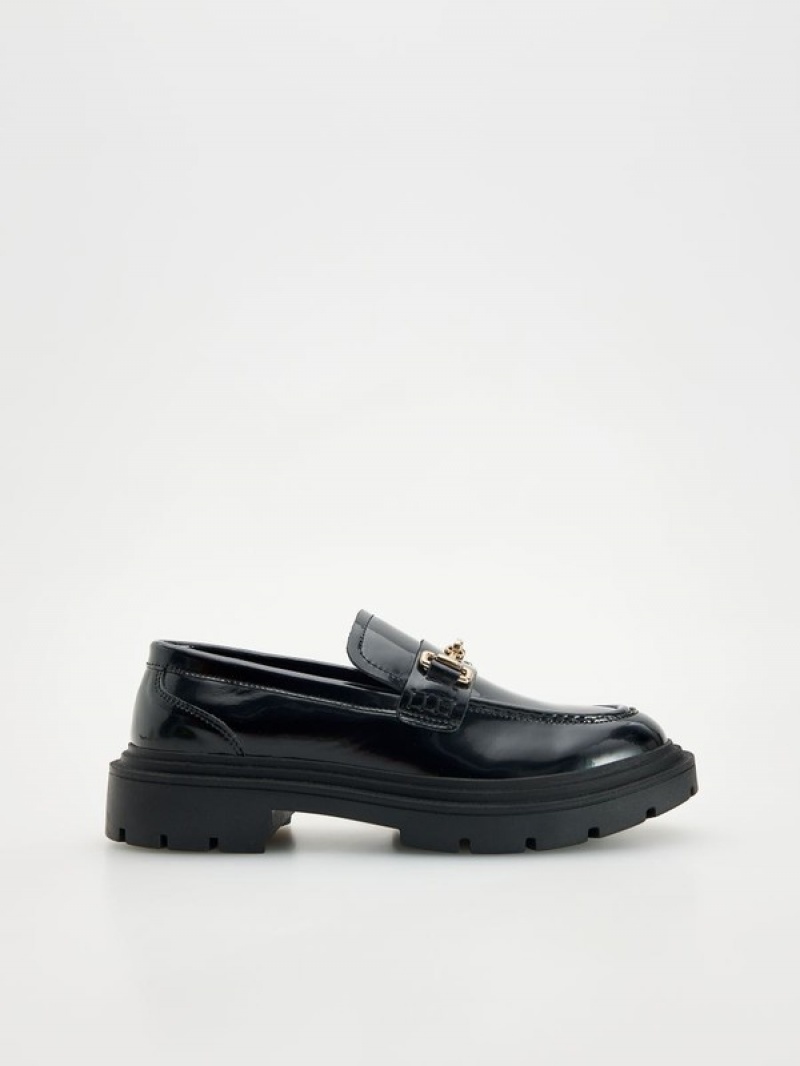 Black Reserved Leather Women\'s Loafers | ZCPY-82674