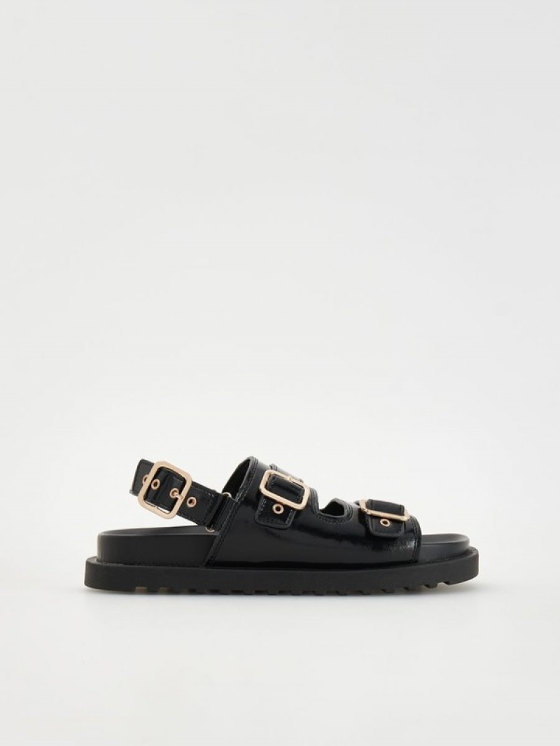 Black Reserved Leatherbuckles Women's Sandals | IDWA-29385