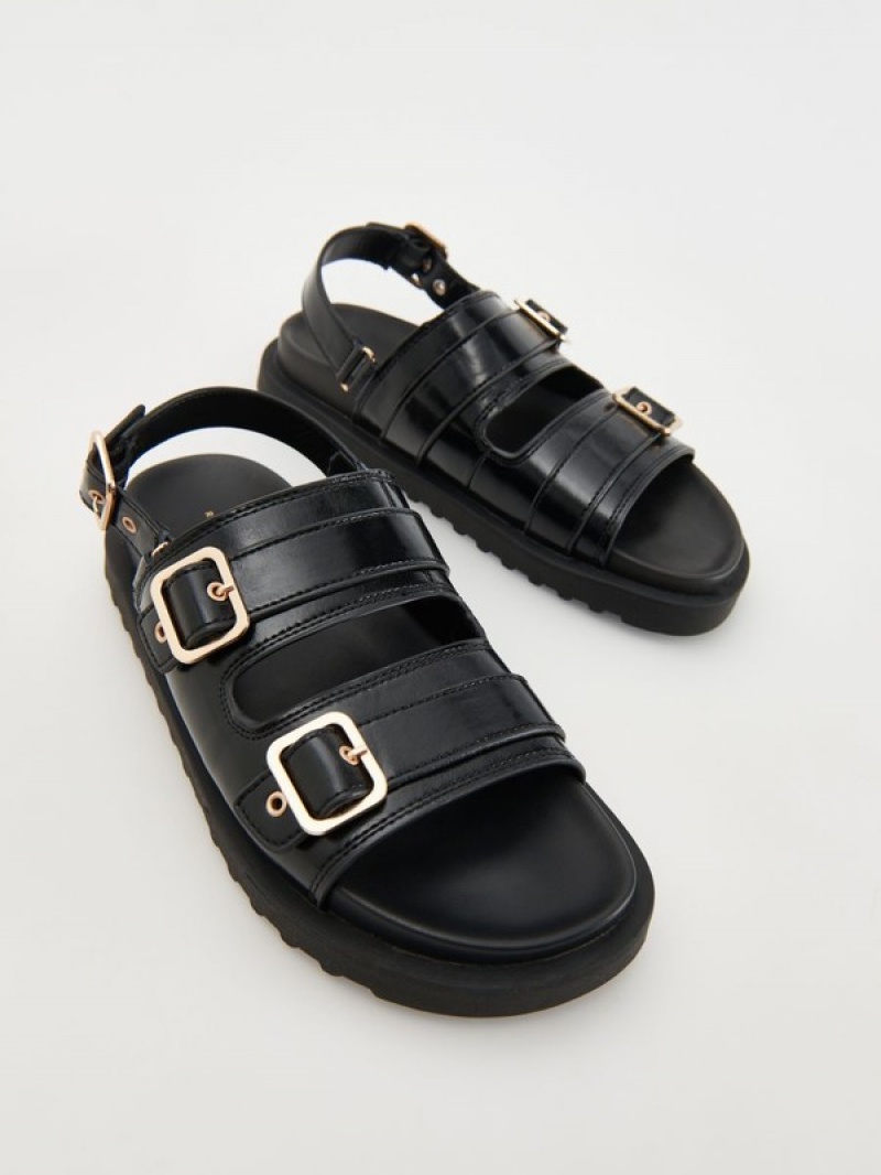 Black Reserved Leatherbuckles Women's Sandals | IDWA-29385