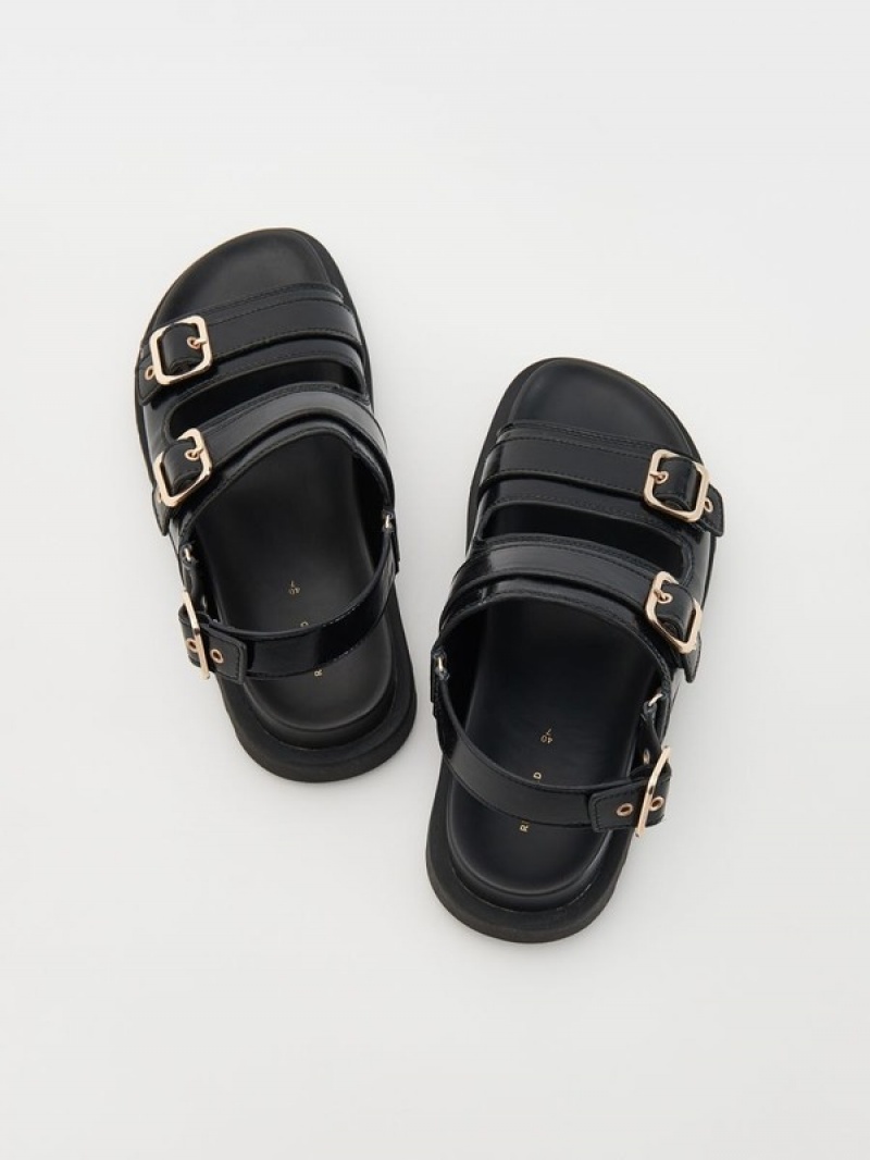 Black Reserved Leatherbuckles Women's Sandals | IDWA-29385