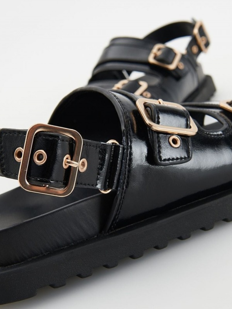 Black Reserved Leatherbuckles Women's Sandals | IDWA-29385