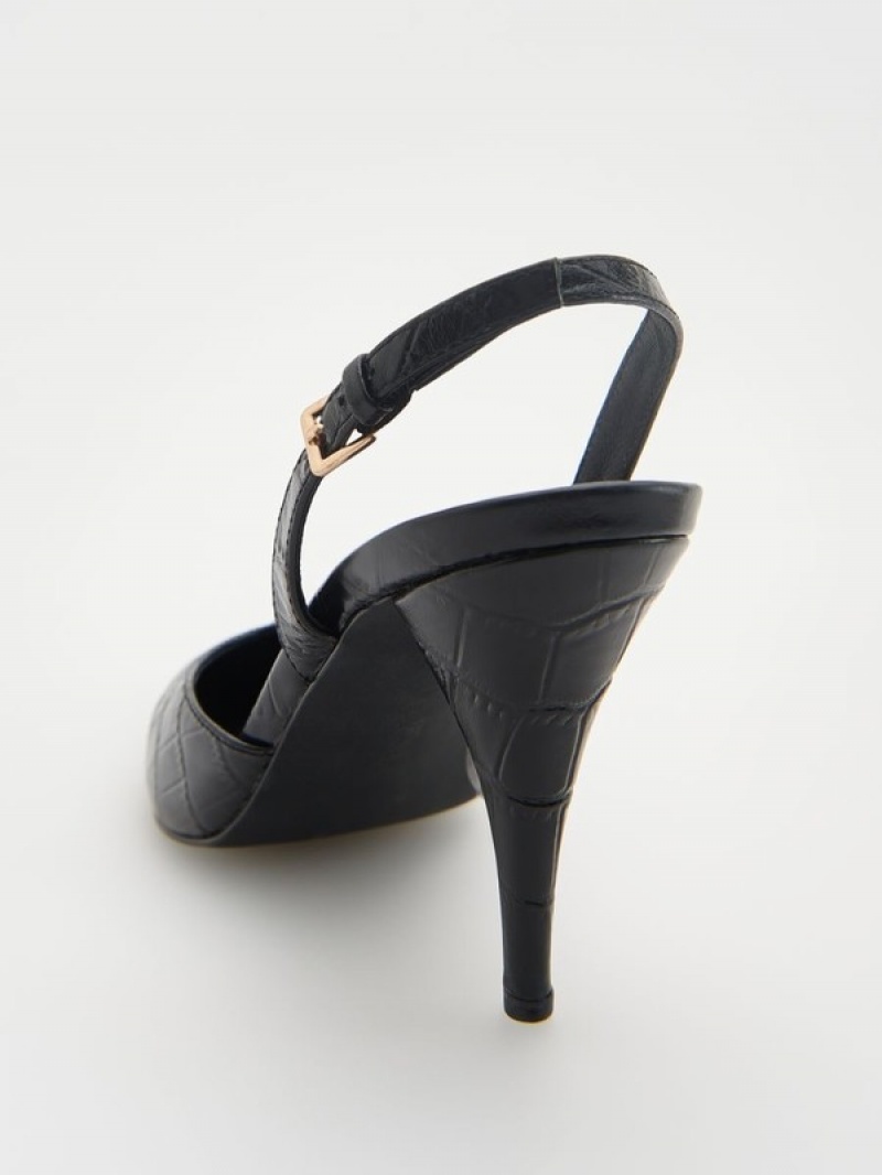 Black Reserved Leathersstrap Women's Heels | NHKE-54107