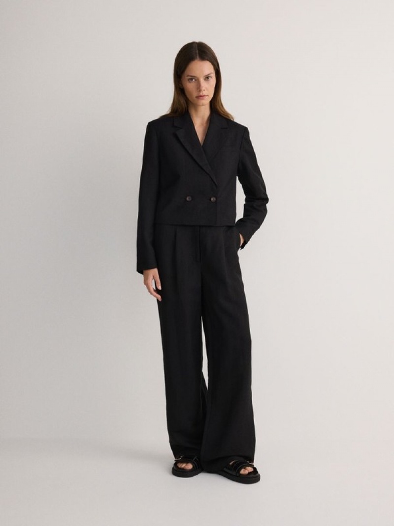 Black Reserved Linen And Viscose Blend Women's Blazers | BAML-78392