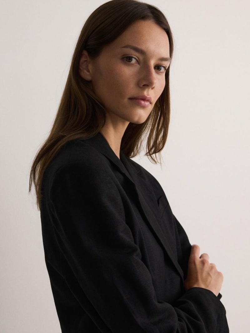 Black Reserved Linen And Viscose Blend Women's Blazers | BAML-78392