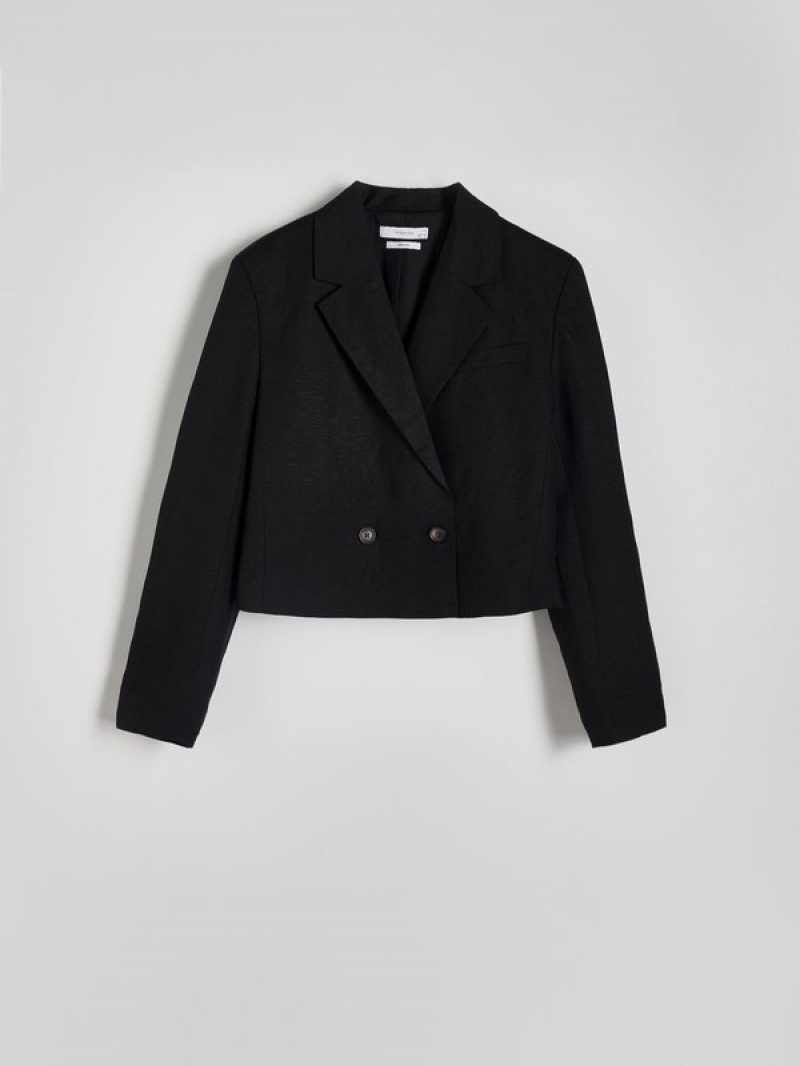 Black Reserved Linen And Viscose Blend Women's Blazers | BAML-78392