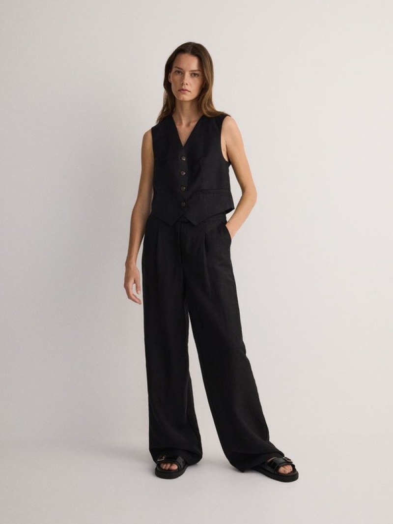 Black Reserved Linen Blend Women's Vest | ALDJ-68350