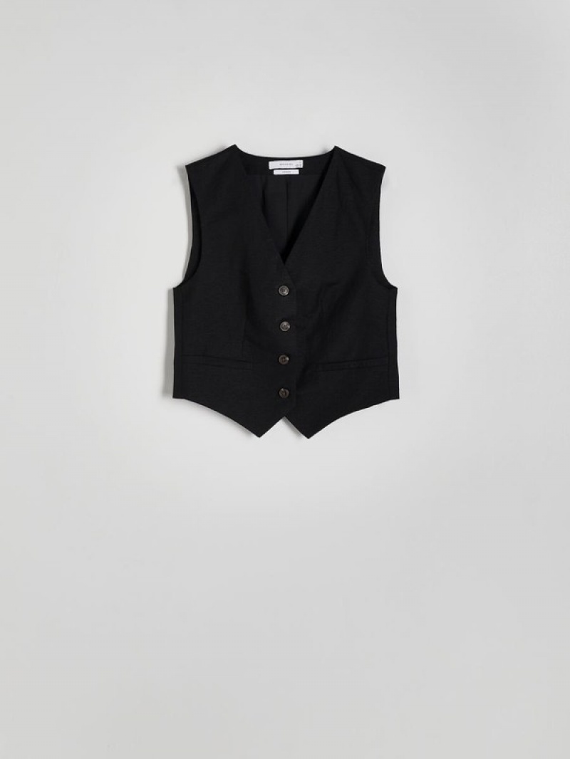 Black Reserved Linen Blend Women's Vest | ALDJ-68350