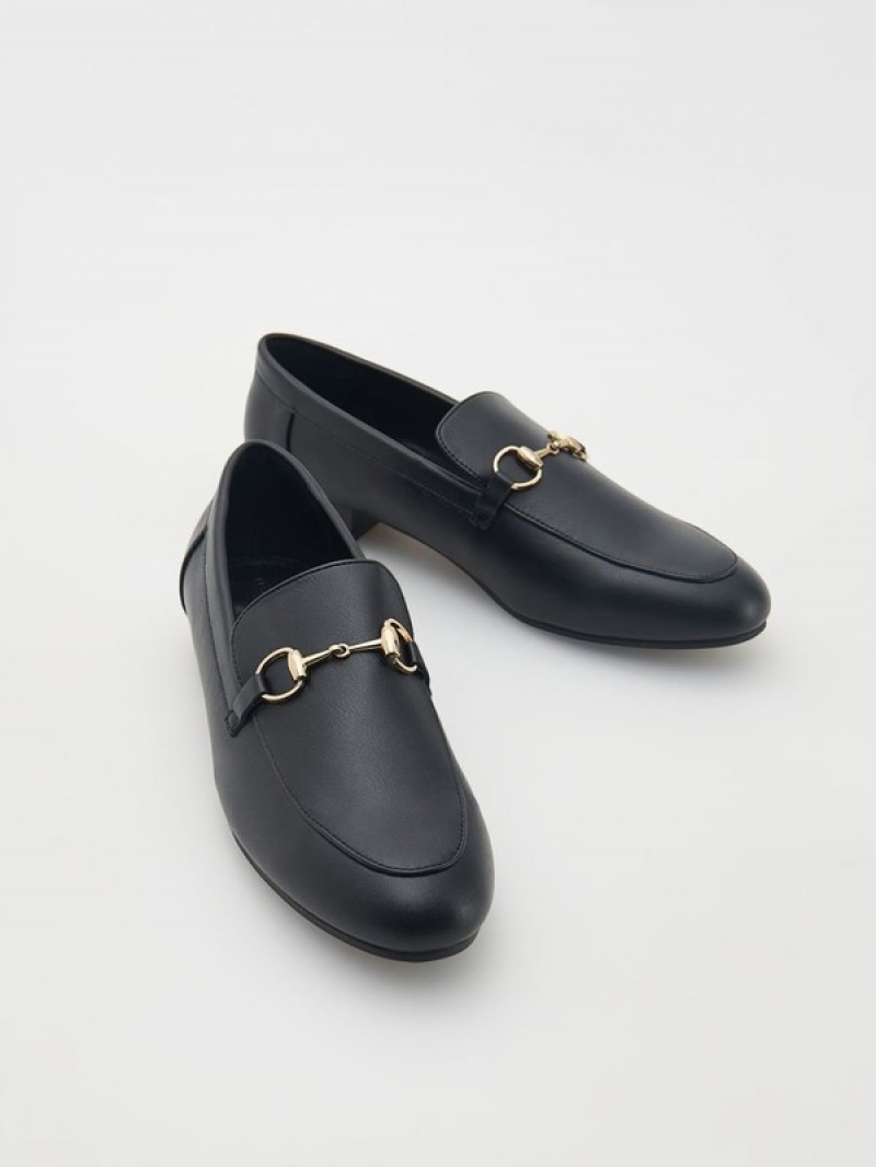 Black Reserved Loafersdecorative Buckle Women's Loafers | WGFM-89457