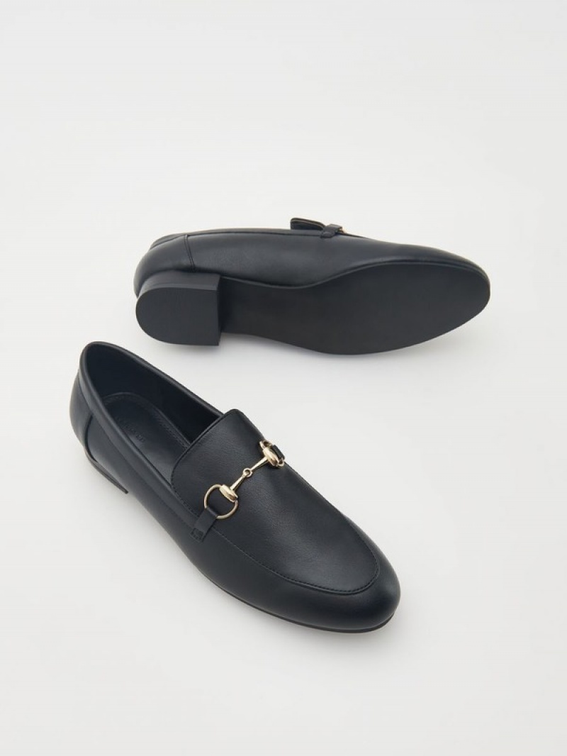 Black Reserved Loafersdecorative Buckle Women's Loafers | WGFM-89457