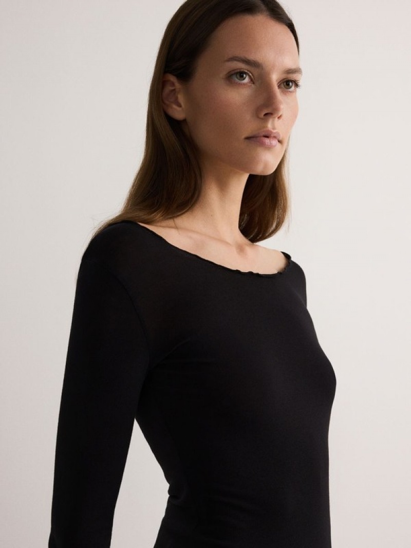 Black Reserved Long Sleeve Topdecorative Trim Women's Shirts | PQZF-05426