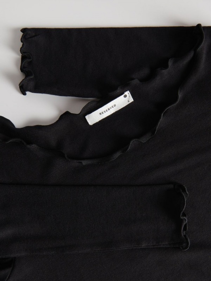 Black Reserved Long Sleeve Topdecorative Trim Women's Shirts | PQZF-05426