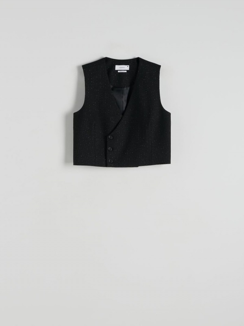 Black Reserved Metallic Effect Women's Vest | XLBR-93745